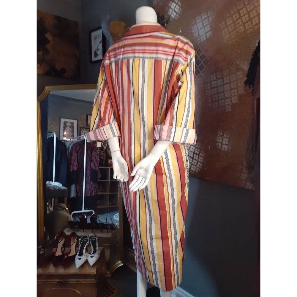 Zara 100% Cotton Striped Button-Front Maxi Shirt Dress in Warm Tones - Picture 2 of 16